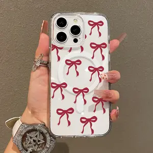 Magnetic Soft Case for iPhone11/12/13/14/15/16/promax, Red bow MagSafe Compatible,cute,Springtok Aesthetic Pattern Design Lightweight,y2k cased,AntiScratch,and Trendy Resistance Shockproof Protector Screen Protector Cover Protection