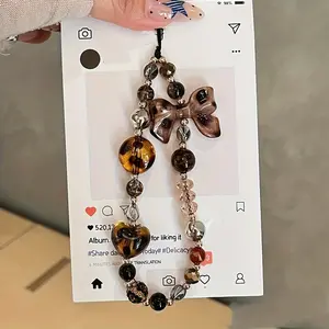 Fashionable Phone Chain with Leopard Print Bow and Beads Design, Short Wrist Accessory, Multifunctional Vintage Pendant for Women, Phone Charms