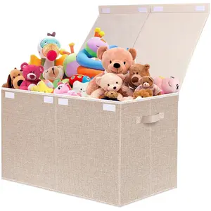 Large  Box Chest Storage with Lid - Collapsible  Toys Boxes Organizer Bins Baskets with Handles for Boys, Girls, , Playroom, Clothes, Blanket, Bedroom(Beige)