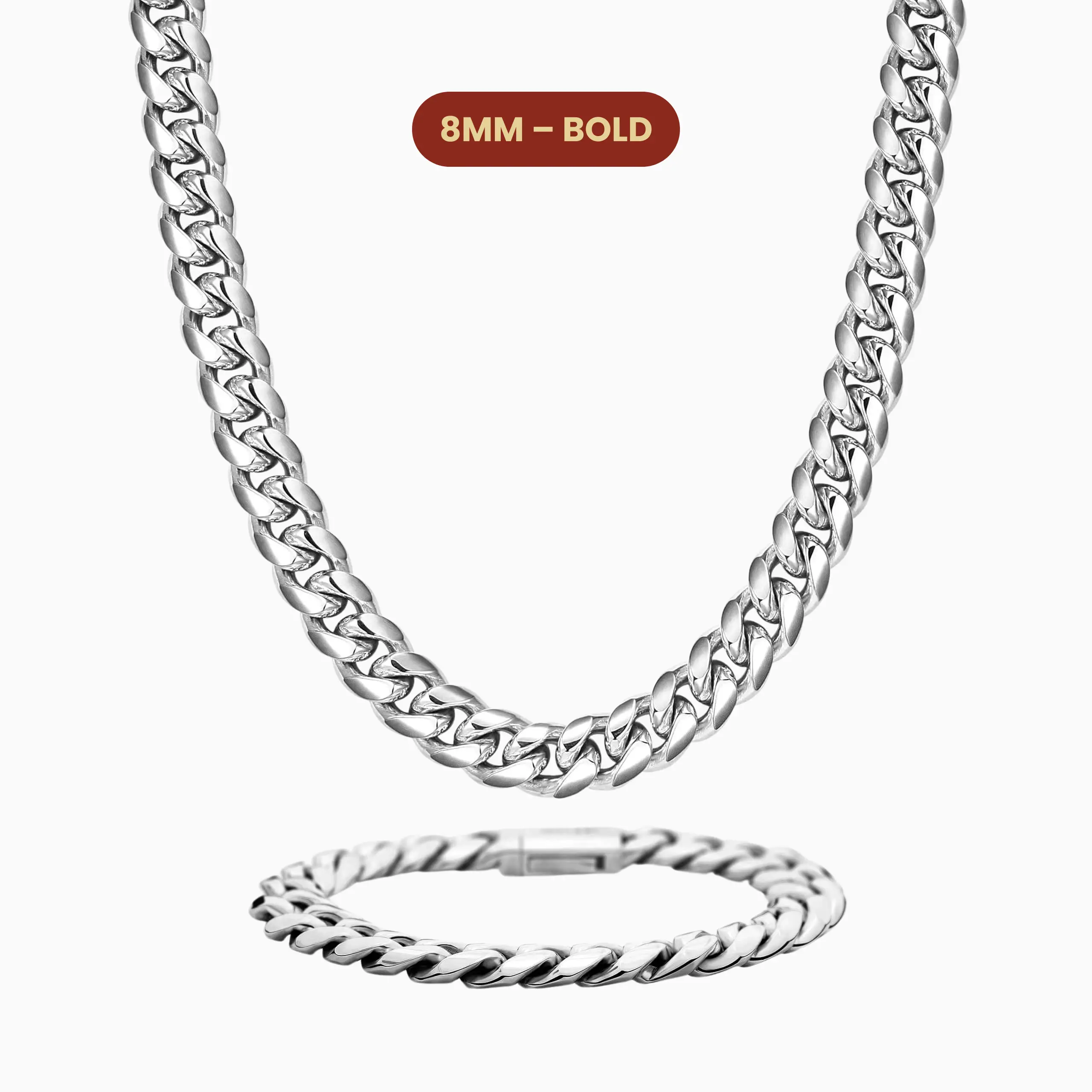 JAXXON Cuban Set 8mm - Silver - Waterproof - Box Clasp