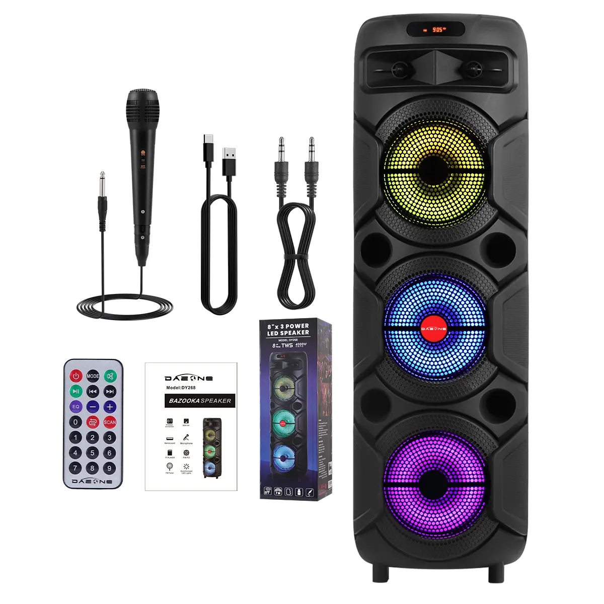 35" Tall Powerful Bluetooth Party Speaker with 3x8" Subwoofers, High-Power Bass, Rechargeable Batteries, Portable Wireless Stereo Audio, LED Light, FM Radio, Microphone, USB/Aux Input, Micro USB-B, Remote Control, Auxillary Input, Cells