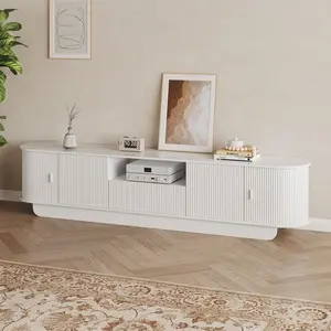 86.6" Mid Century Modern  Consoles For Living Room, Bedroom, Curved   For 80/90/95 Inch , Retro    Storage And Drawers, Entertainment Center  Sliding Doors Wall Mounted Floating TV Stand with Lights