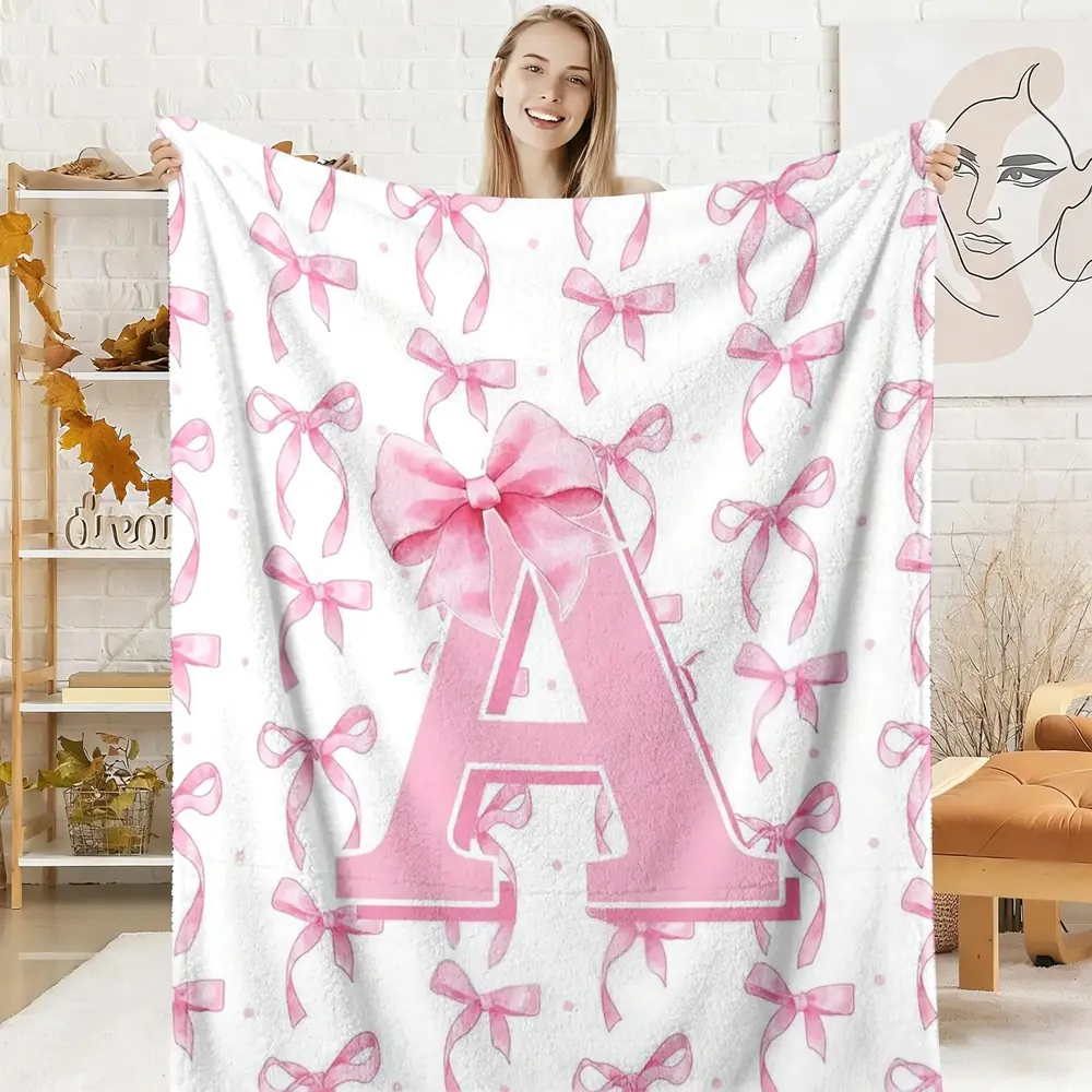 Classic Bow Pattern 1-Piece Flannel Throw Blanket, Pink Watercolor Coquette Soft Warm A-Z Alphabet Bowknot, for Couch Bed Office Home & Travel Room Decor, Gifts for Women, One-Piece