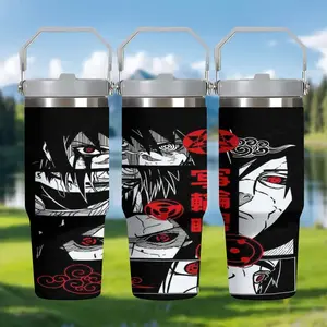 1pc 30oz Stainless Steel Insulated Mug, "Naruto | Akatsuki Sharingan Outdoor Water Bottle", with handle and straw, suitable for car use, appropriate for various occasions, personalized gift for birthdays/holidays