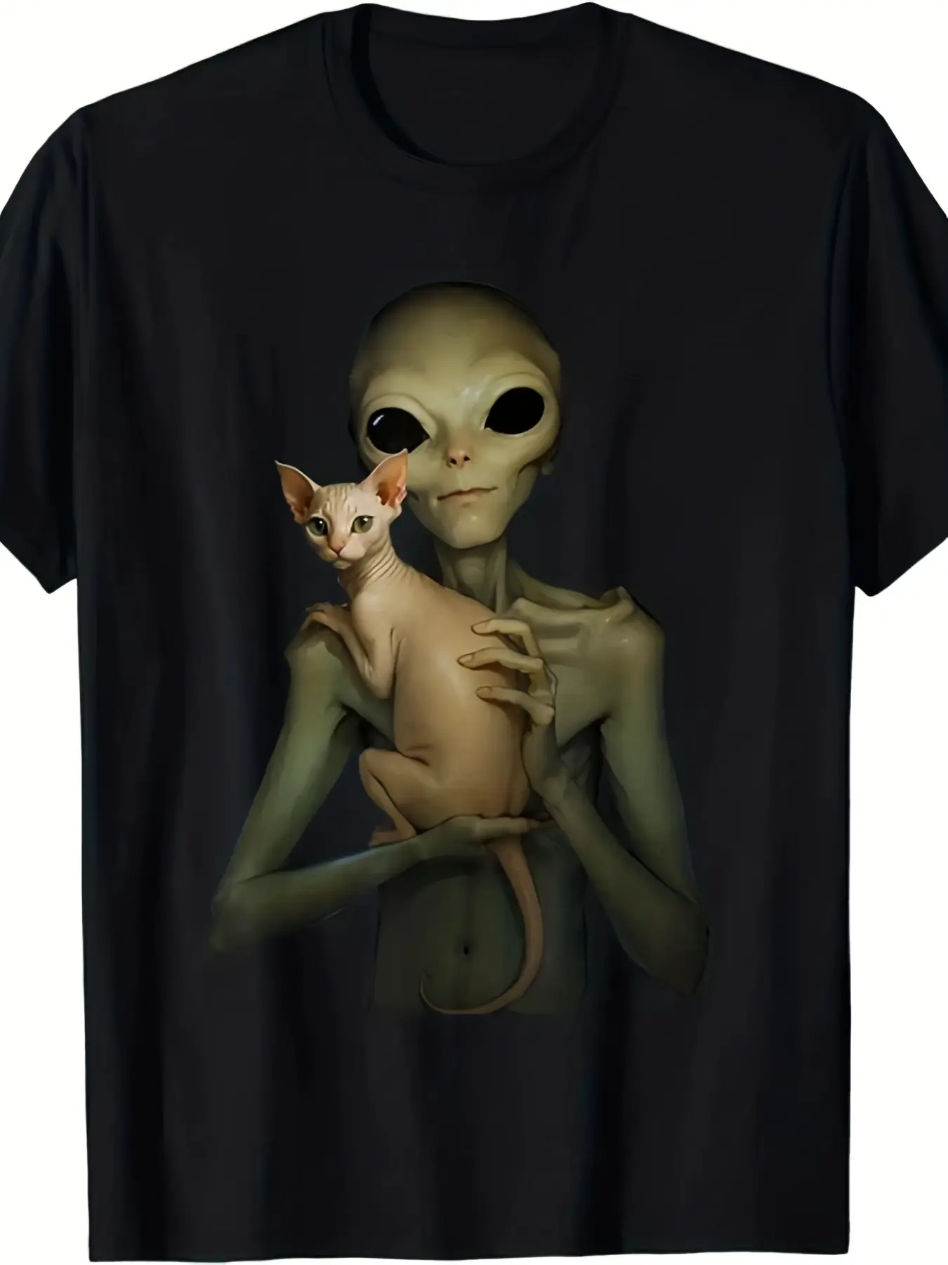 Funny Alien and Sphynx Cat Graphic T-Shirt for Men unisex soft cotton short sleeve t shirt, vintage graphic casual tee for men women teens, perfect birthday holiday gift for camping travel gym daily street casual wear