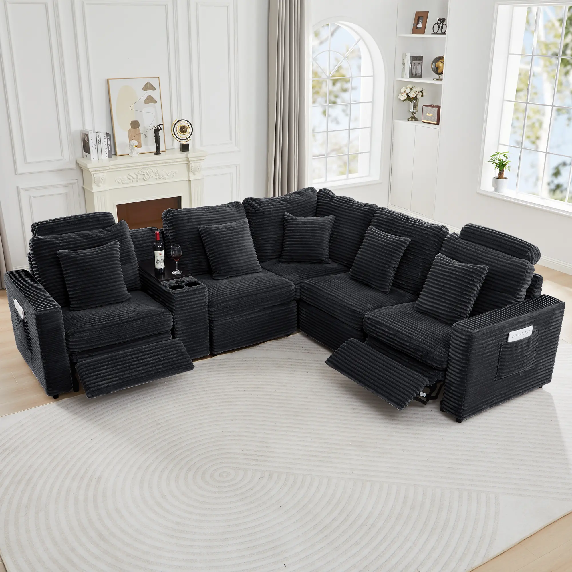 Giratree Furniture Oversized Modular Sectional Couch - 5-Seater with 2 Remote Control Power Recliners, Storage Console, Adjustable Headrests, Plush Corduroy Fabric (Shipped in 6 Packages) - Comfy Couches for Living Room