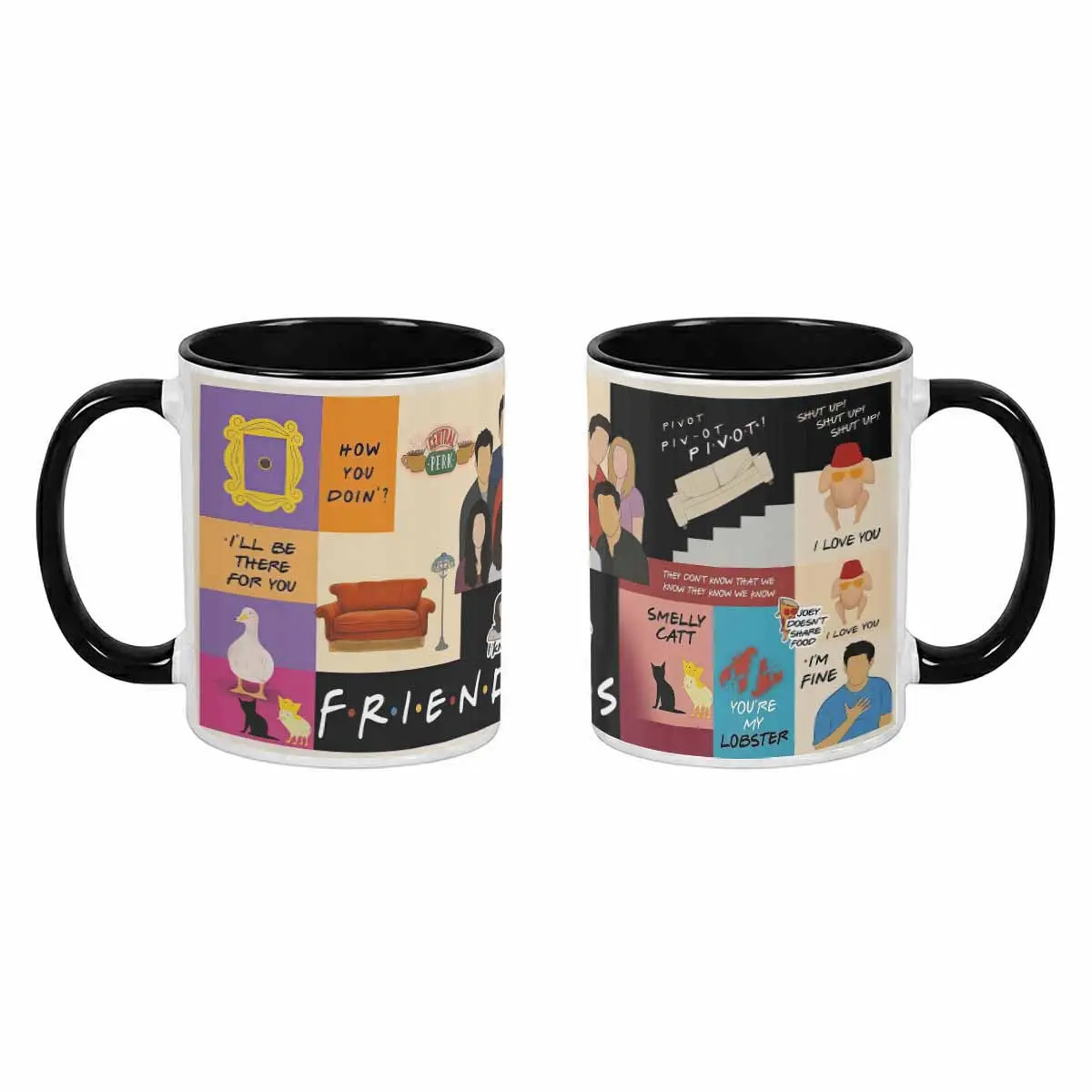 Friends TV Show Ceramic Mug (11oz/15oz) - Central Perk Illustration, Couch Frame, Lobster, Funny Quote, Lead-Free Ceramic Body, Handle Grip, Durable, Dishwasher Safe Halloween/Birthday Gift for Coffee Lovers, Washable, Teachers, Coaches
