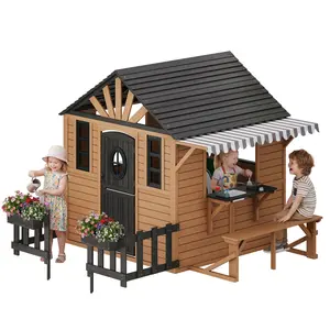 ALBOTT Kids Outdoor Wooden Playhouse with Kitchen Set, Durable Fir Wood Construction with Waterproof Roof & Rust-Resistant Hinges, Pretend Playhouse for 3–8 Years Old Boys & Girls, Mothersdaygift