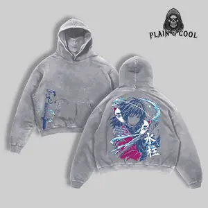 Giyu Tomioka Water Hashira Hoodie | Demon Slayer Washed Oversized Hoodie | Kimetsu no Yaiba Streetwear Pullover | Anime Grunge Y2K Hoodie | Nichirin Sword Otaku Hoodie