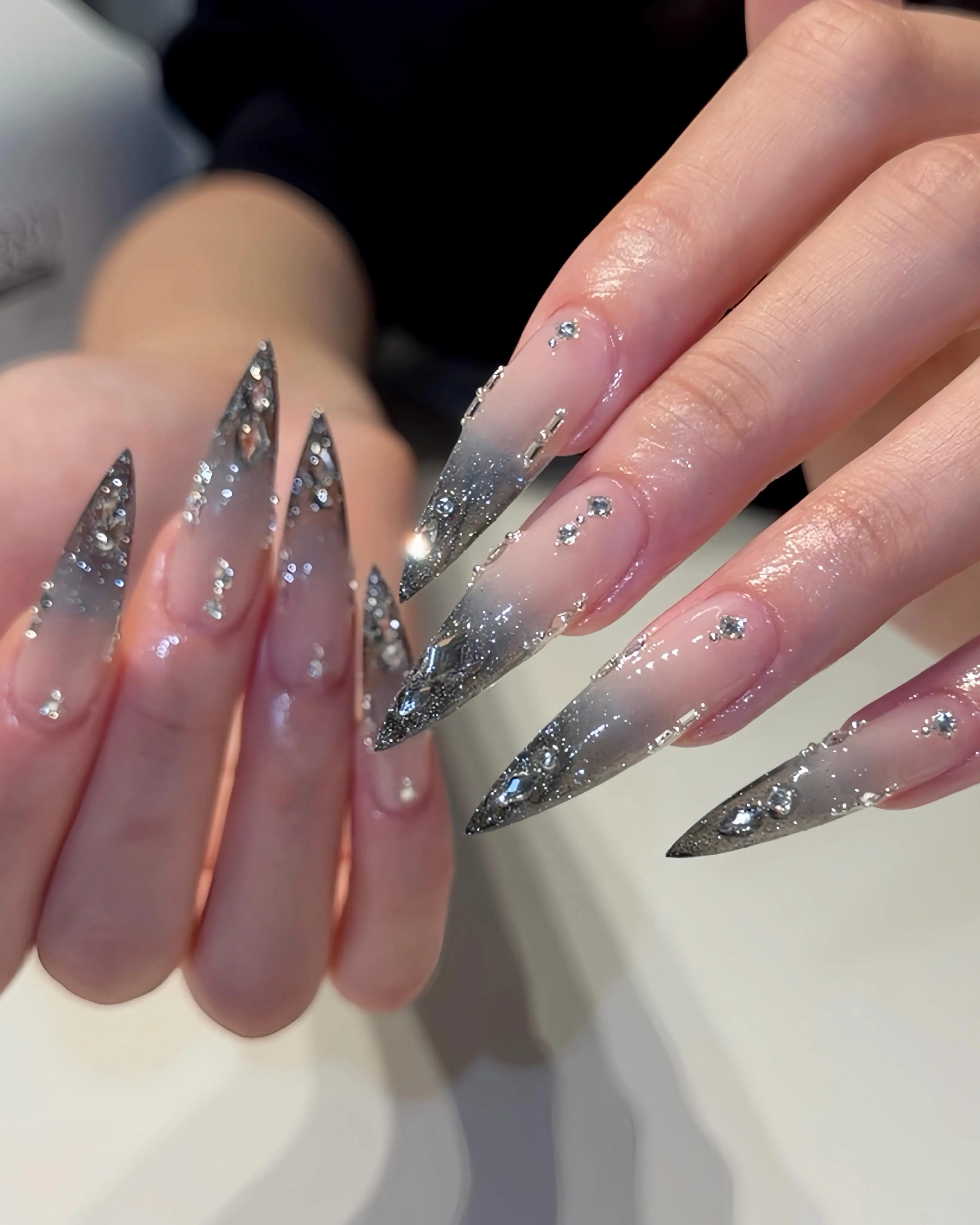 Luxury Silver Glitter Ombre Press On Nails Stiletto Shape  Handmade Nude Pink Chrome Gradient Fake Nails with Rhinestones, Glossy Reusable Acrylic Full Cover Nail Set for Party, Prom, Wedding & Birthday