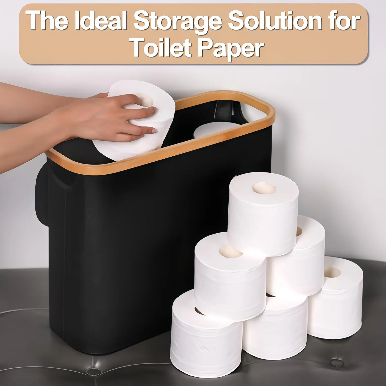 Rectangular Bamboo-Lidded Toilet Paper Storage Basket, Durable Large-Capacity Waterproof Bathroom Roll Organizer for Bathroom Organization, Natural Look Freestanding Bin to Maintain a Tidy Environment