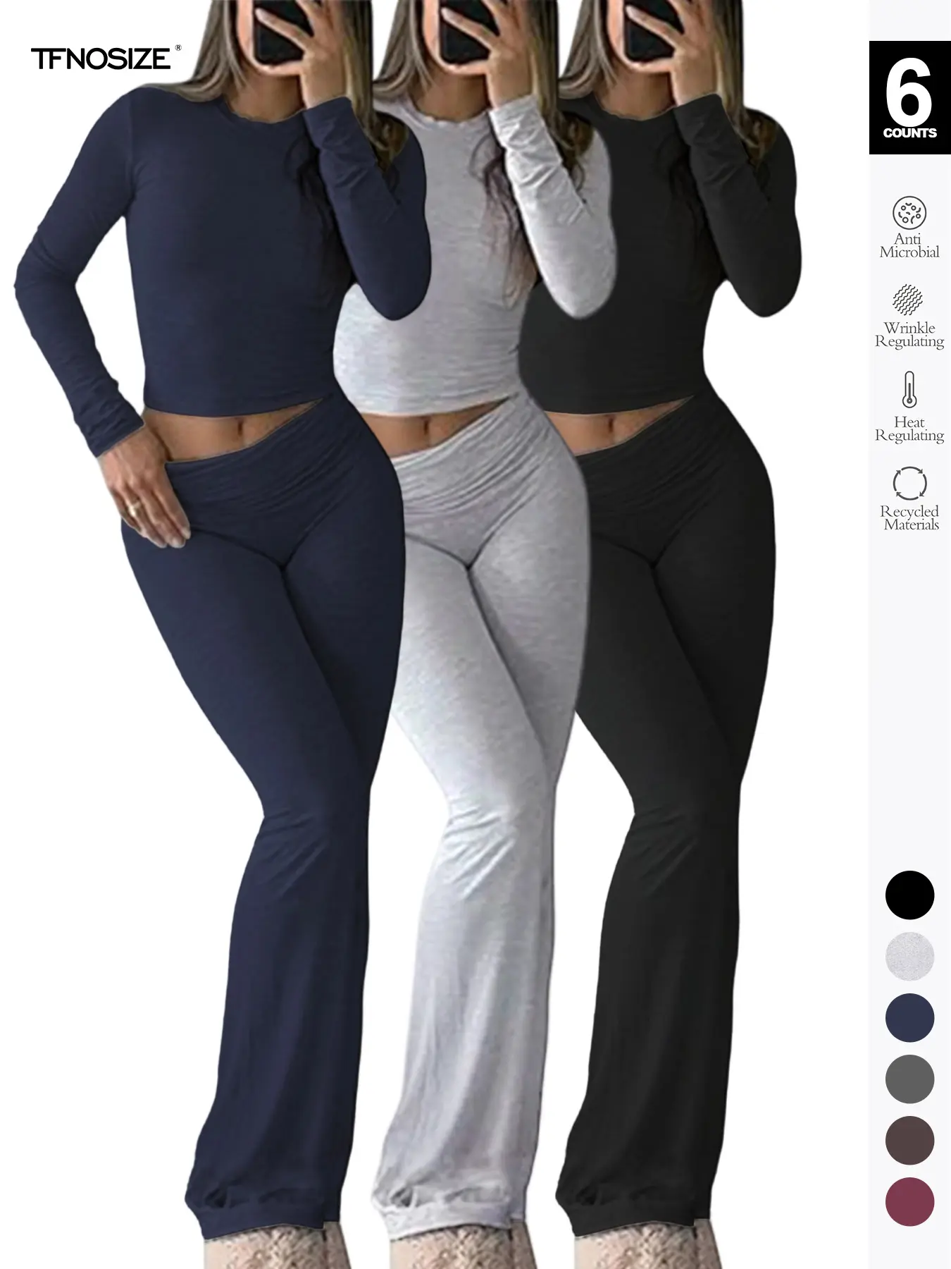 Women's 2 Piece Casual Ruched Pajama Set Pjs Nightwear, Slim Fit Long Sleeve Top & Low Rise Bell Bottoms, Versatile Yoga Loungewear for All Seasons, Airport Outfit