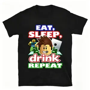 Men's Short-Sleeve Cotton T-Shirt - Streetwear Style Casual Top with Mesh Fabric, Nostalgic Iconic Roblox Gaming Artwork (Eat, Sleep, Roblox Repeat Design) white tee