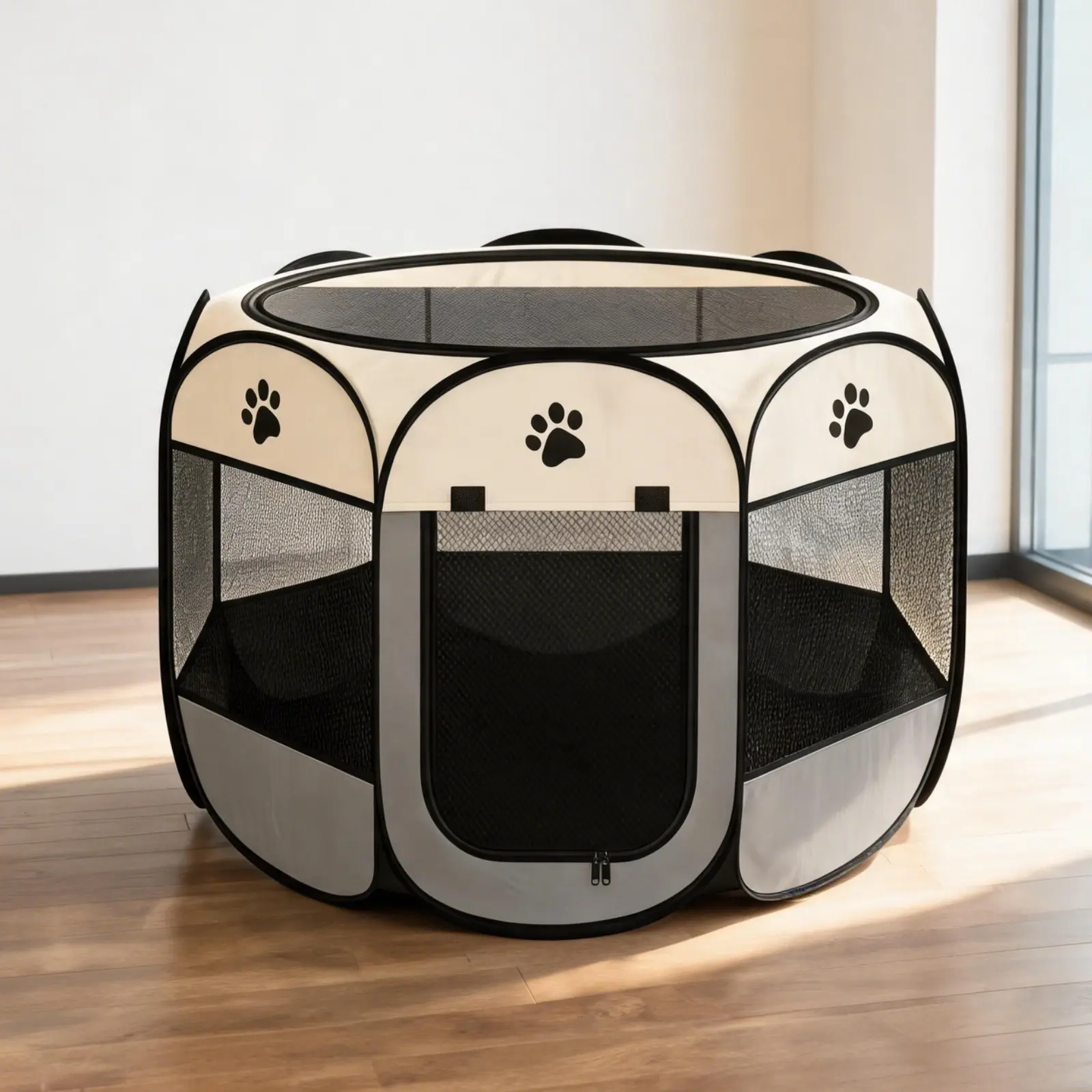 Portable Pet Playpen for Puppies, Kittens, Cats, Foldable Puppy Playpen with Breathable Mesh Top, Pet Playpen Carrier Pop Up Tent 8-Panel Mesh Cover