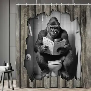FRANALA Funny Shower Curtain,Gorilla Sitting on Toilet Reading Newspaper - Rustic Animal Print Bath Curtain Waterproof Shower Curtains for Men, Wooden Teen Boys Humorous Bathroom Decor