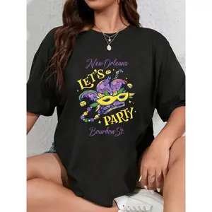 100% Cotton Mardi Gras Bourbon Street New Orleans Souvenir Louisiana T-Shirt Men's Women's Soft Breathable Tee Classic Fashion Summer Tops Summer, Cotton, Casual, Short Sleeve, Graphic Tee, Soft, Breathable, Loose Fit, Streetwear, Daily Wear, T-Shirtt