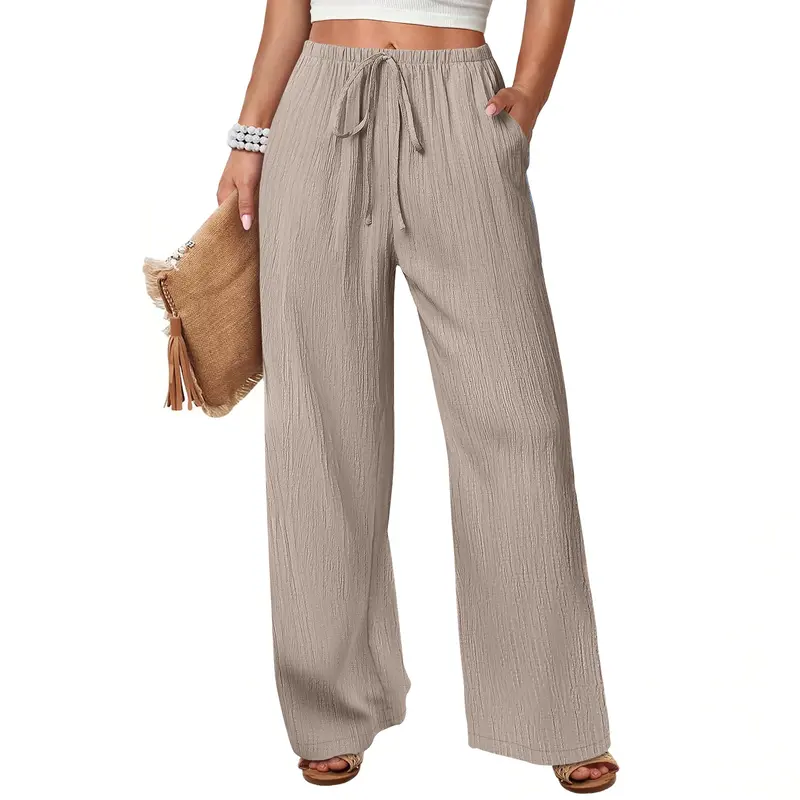 ANRABESS Women's Wide Leg Beach Pants Elastic Waist Lightweight Casual Flowy Palazzo Lounge Trousers with Pockets