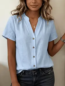 Women's Simple Elegance V-Neck Short Sleeve Shirt Blouse Top, Textured Half Open Front, Comfortable Loose Fit, Ideal for Summer Vacation, Parties, Weddings