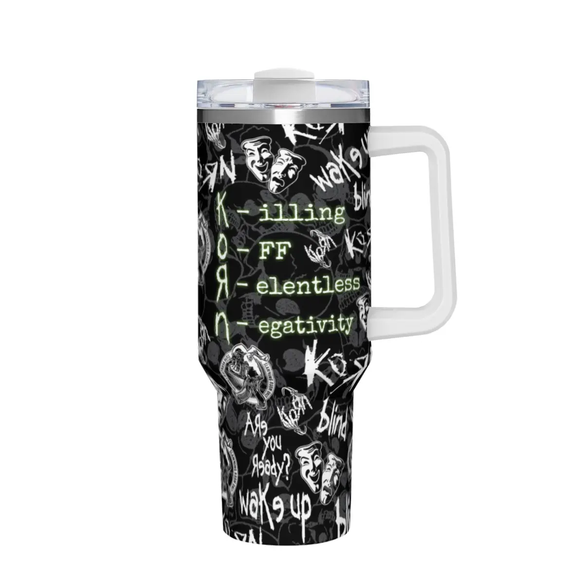 Grunge Gothic Metal Tumbler with Pale Green Voodoo Horror Mask and Distressed Band Lyric Seamless Print, Insulated Travel Mug with Anti-Slip Handle for Daily Commute and Rock Fans