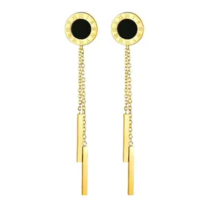 E1: Roman Numeral Earrings 18K Gold Plated Steel with Black Center and Gold Chains Fashion Jewelry