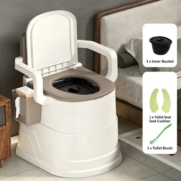 PP Plastic Portable Toilet for Bedroom Travel & Outdoor Users, Space-Saving Household Commode Seat with Armrests, Lid, Built-In Tissue Holder, Detachable Inner Bucket, Easy-Clean Companion for Camping, RV