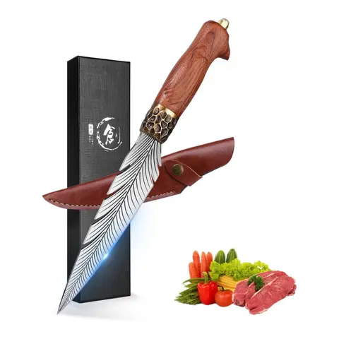 ROCOCO Feather Viking Knife Forged in Fire Boning Knife Fancy Kitchen Cleaver with Sheath Outdoor Camping BBQ Collection Birthday Thanksgiving Christmas Father Mother Gift