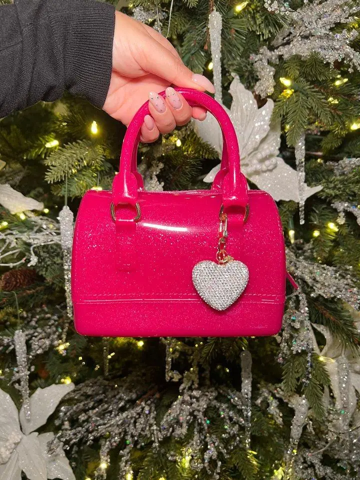 Ruby Fuschia Sparkle Jelly Handbag - Pink Lightweight with Detachable Cross-Body Strap & Zipper Closure, Charming Heart Charm Optional