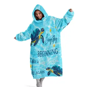 Cozy hooded blanket, hooded wearable blanket with ocean turtle print, digital print flannel blanket, soft and warm blanket, sofa throw, air conditioning blanket, for office, camping, and travel