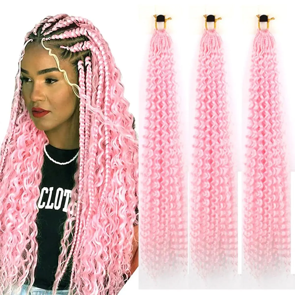 Ocean Wave Crochet Hair 24 Inch 3 Packs Deep Wave Crochet Hair for Women Goddess Box Braids Crochet Braids Hair Extension Light Pink