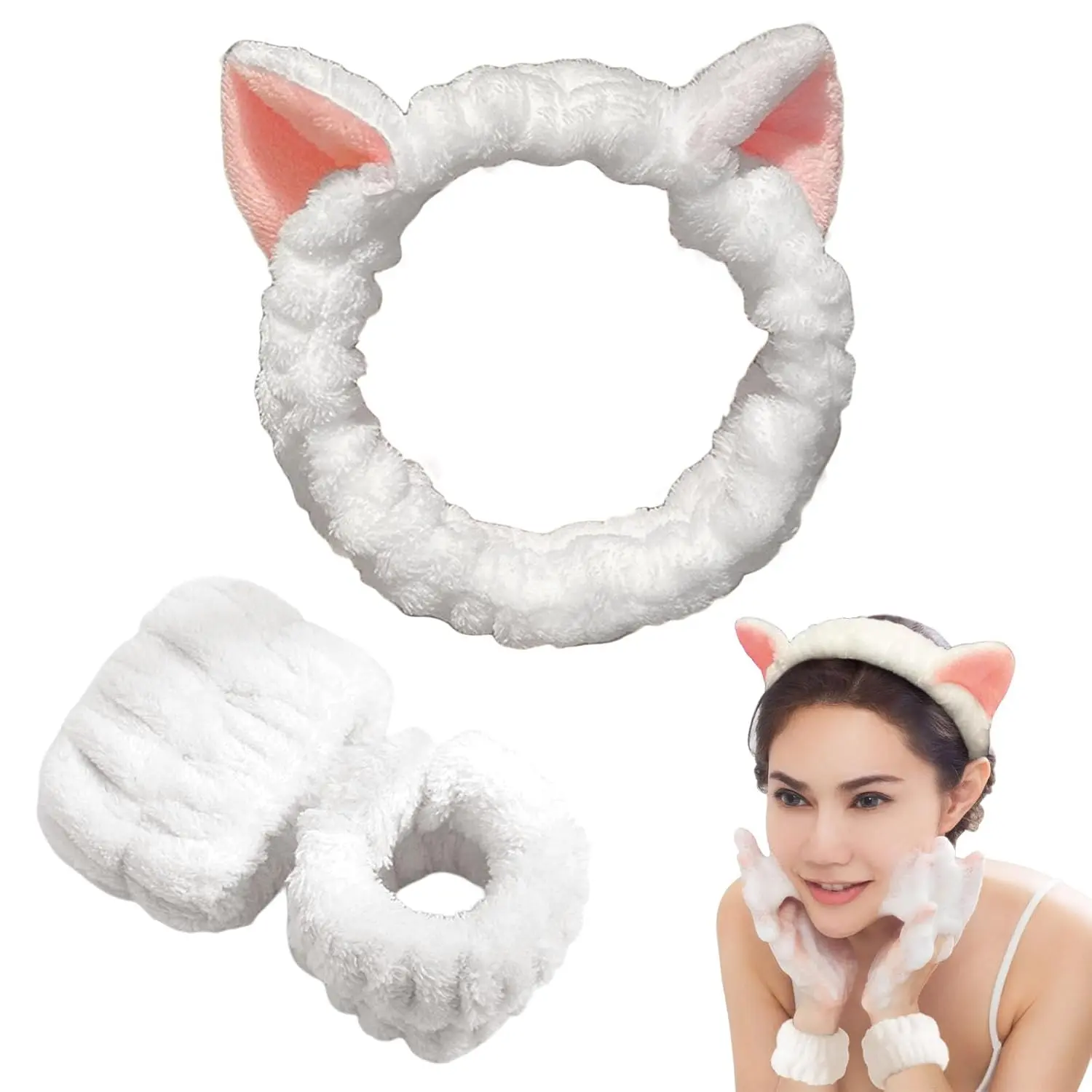 Cat Ear Headband and Wristband Set, Cute Ears, Soft Elastic Hair Band for Women Girls, Bathing Makeup Spa, Halloween Sleepwear Party, Elastic Headbands, Headband Accessory