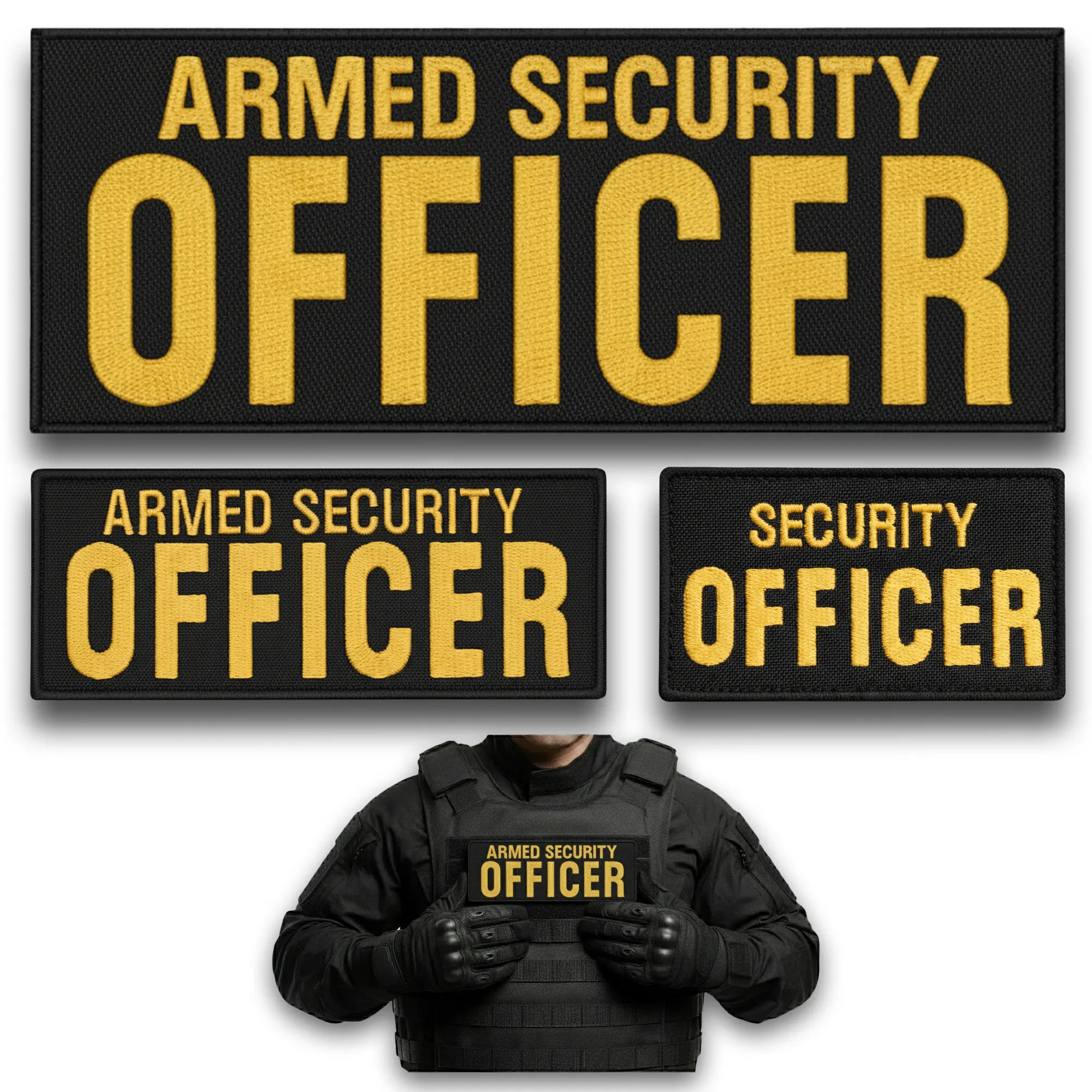 Armed Security Officer Patch Set – 3Pcs Hook & Loop Embroidered Yellow Tactical Patches 4x9.8" 2x4.9" 2x3"