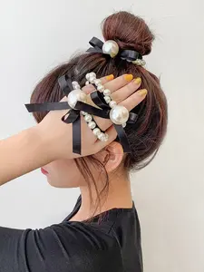 Elegant Pearl Bow Hair Ties Set, French Style Elastic Hair Bands, Stylish Ponytail Holders, 3 Piece Hair Accessories
