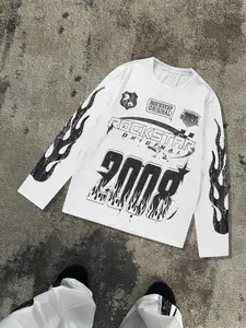 Unisex's Fire & Letter Print Long Sleeve Graphic Tee, Street Fashion Casual Round Neck T-shirt for Daily Wear, Unisex Top for Spring, Casual Streetwear Top