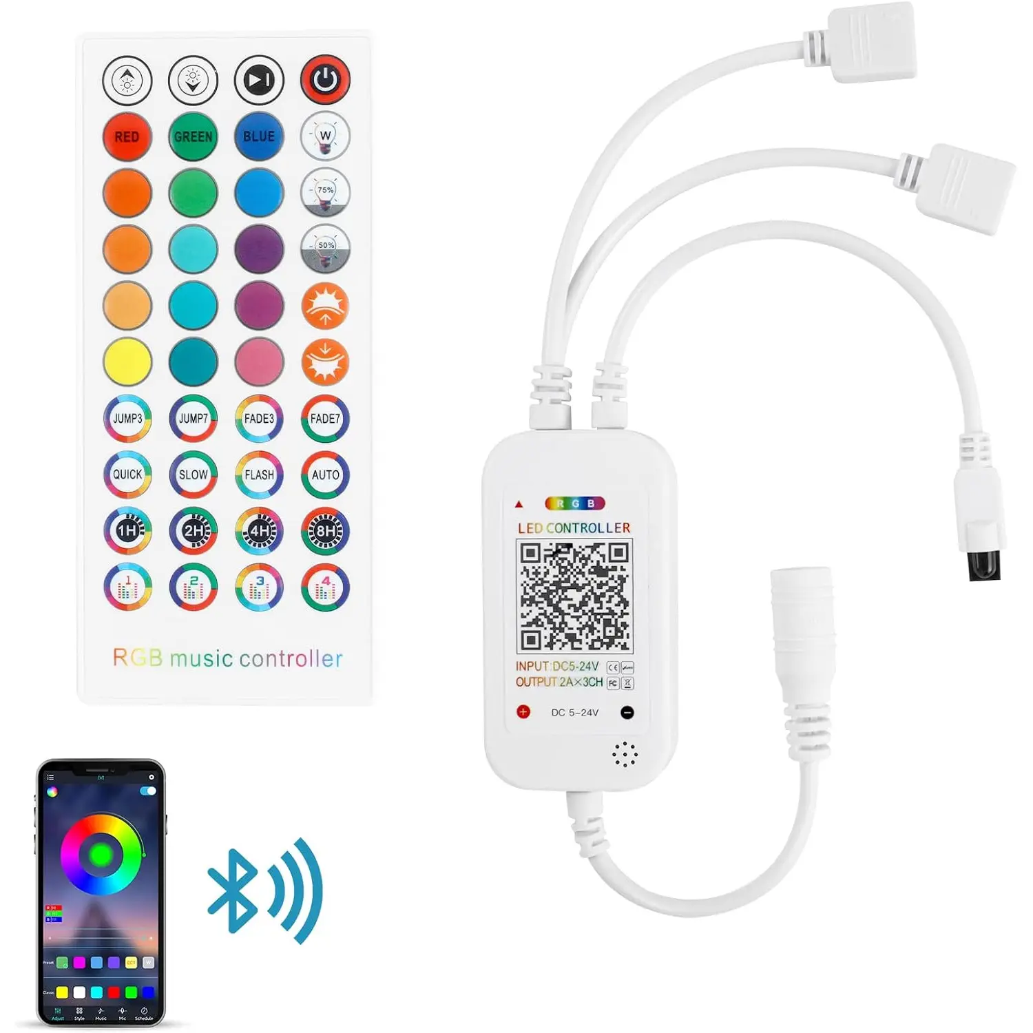 RG Bluetooth RGB LED Controller, 4-PIN Smart Music LED Strip Lights Controller, 40-Keys IR Remote Control for 5V/12V/24V SMD 5050 3528 RGB LED Strip Lights