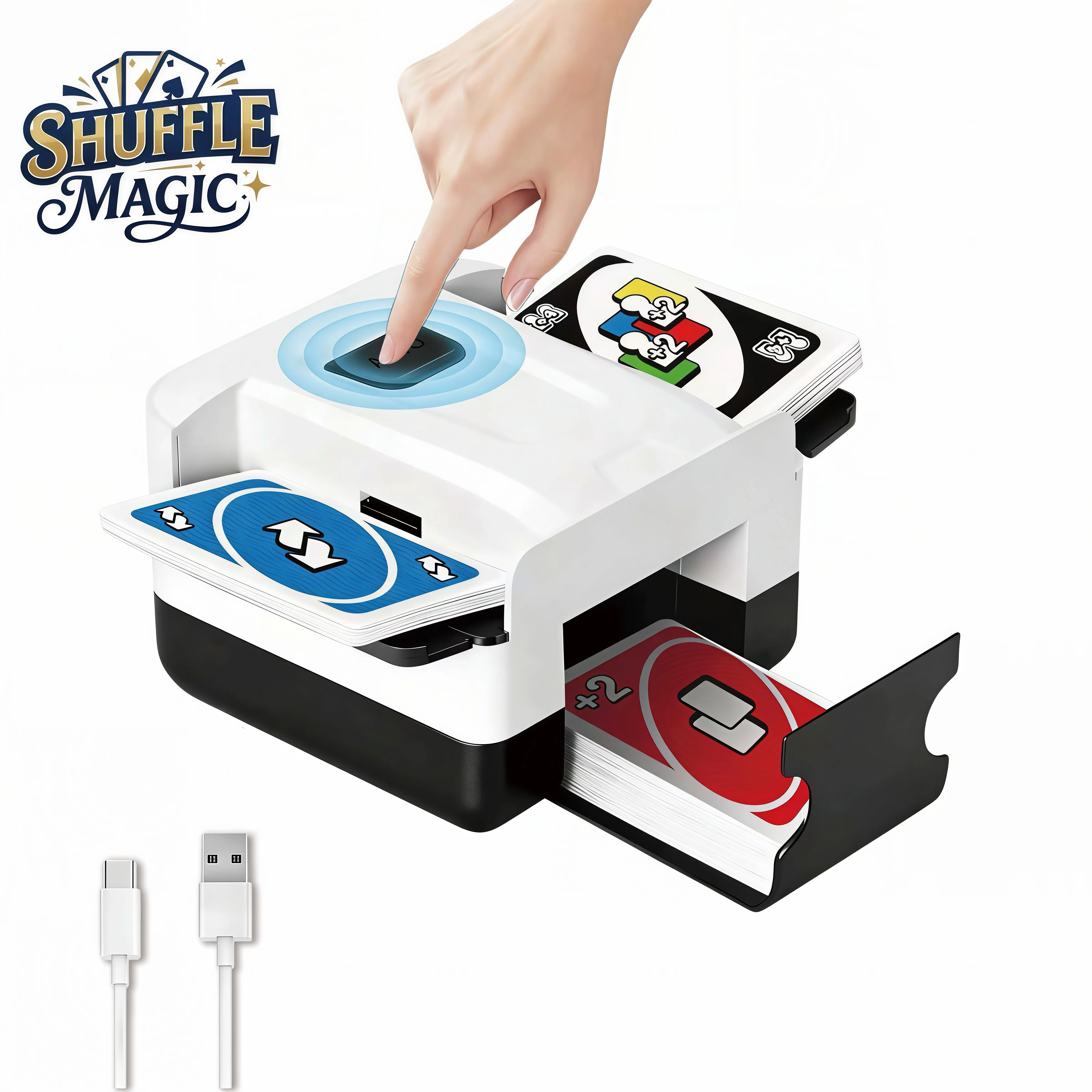 Rechargeable Battery Auto-Manual Card Shuffler Machine - 1-2 Decks, Manual Button Shuffle Tool, for Game Night Screen-Free Activity, Standard Playing Cards, Adult Tabletop Party Games, Casino Use (UNO, Poker, Mahjong), Deck Holder