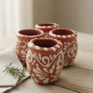 Set of 4 Brown & White Talavera Shot Glasses | Handcrafted Cantarito Set