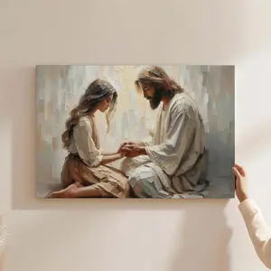Jesus Holding Hands Impasto Oil Painting Wall Art This stunning textured artwork captures the tender moment of Jesus gently holding a woman’s hands, wrapped in warm neutral tones and thick, tactile brushstrokes that bring depth and peace to any room
