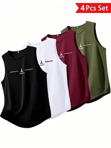 4 Pack Men's Letter Print Sleeveless Top Vests, Sporty Fitted Casual Wear, Breathable Summer, Daily Fashion, Menswear