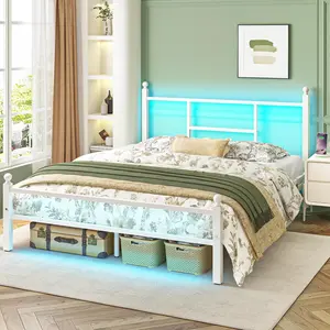 Full Size LED Bed Frame with Charging Station, Metal Platform Bed with USB Ports & Outlets, Heavy Duty Frame with Under Bed Storage, Easy Assembly