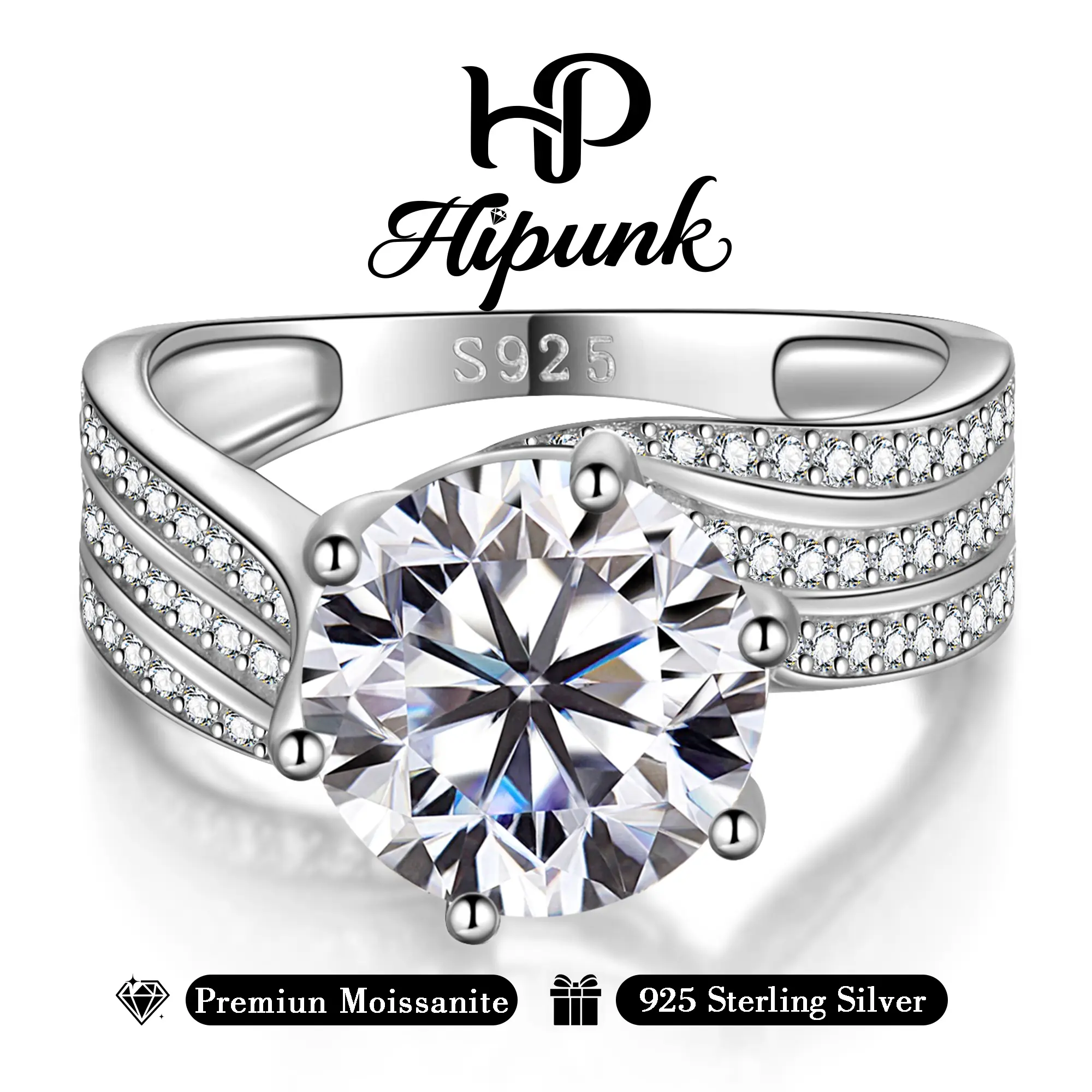 HIPUNK Moissanite Solitaire Engagement Ring - 1/3/5CT VVS1 White Gold-Plated 925 Base Metal, 5CT Open Band, 1-3CT Size 5-9 Women's Bridal Ring Set, Valentine's Day Gift, Solitaire Engagement Rings