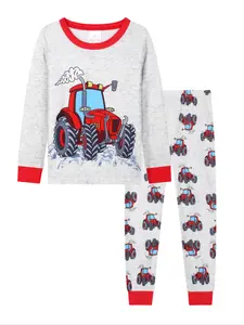 2 Pcs Kids Long Sleeve Round Neck Top & Pants Set, Digital Print Tractor Design, Casual Loose Fit Home Wear Sleepwear, Cartoon Print Pajama