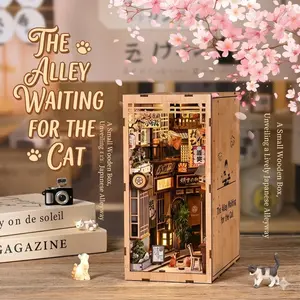 DIY Book Nook Kit, 3D Wooden Puzzle Bookshelf Insert Decor with LED Light, The Alley Waiting for the Cat Miniature Dollhouse Kit, Creative Gift for Adults & Teens, Miniature Furniture