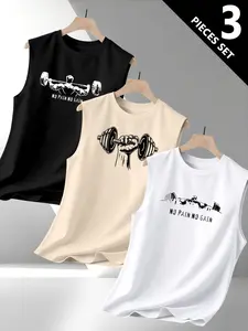 Men's Sleeveless Tank Top 3 Pack, Sporty Weightlifting Graphic Print, Casual Daily Wear, Comfortable All-Season Fitness Tee, Bodybuilding Fitness Tee