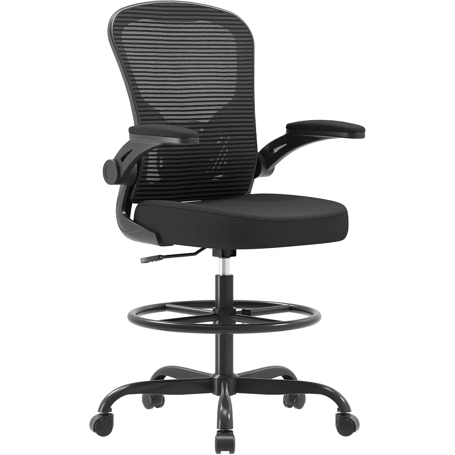 Ergonomic Drafting Chair, Tall Office Chair with Flip-up Armrests, Breathable Mesh High Desk Chair with Lumbar Support Adjustable Footrest Ring for Standing Desk Black