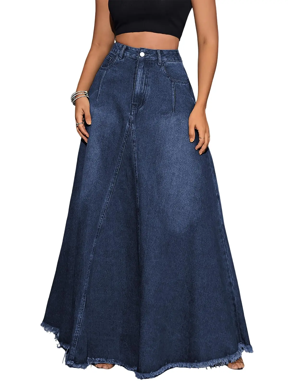 Ebossy Retro High Waist Denim Maxi Skirt | Frayed Hem, Pockets & Tassels | Cute A-Line for Daily & Party Looks