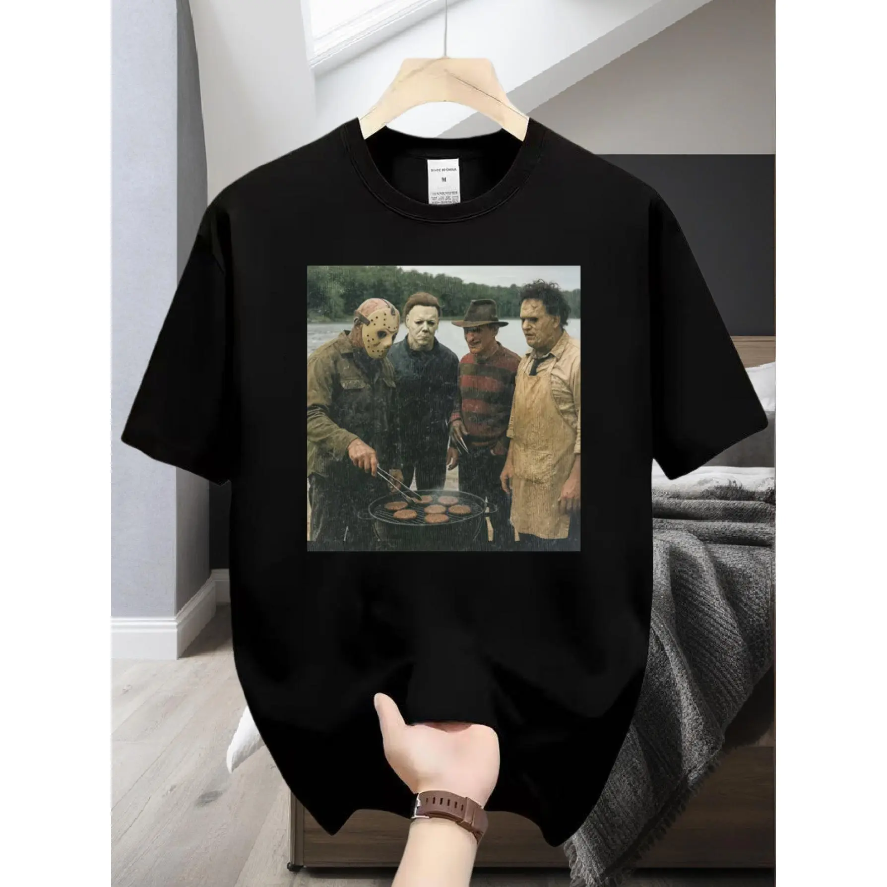 Jason Freddy Horror Movie Character Barbecue Motif Unisex Regular Shortsleeve Apparel T-Shirt Top for Fans - Polyester Knitted Fabric Casual Wear, Graphic Print, Funny, Machine Wash