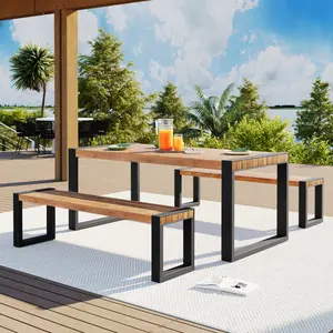 [SOIYELIFE]  3-pieces Outdoor Dining Table With 2 Benches, Patio Dining Set With Unique Top Texture, Acacia Wood Top & Steel Frame, All Weather Use, For Outdoor & Indoor, Natural patio  furniture