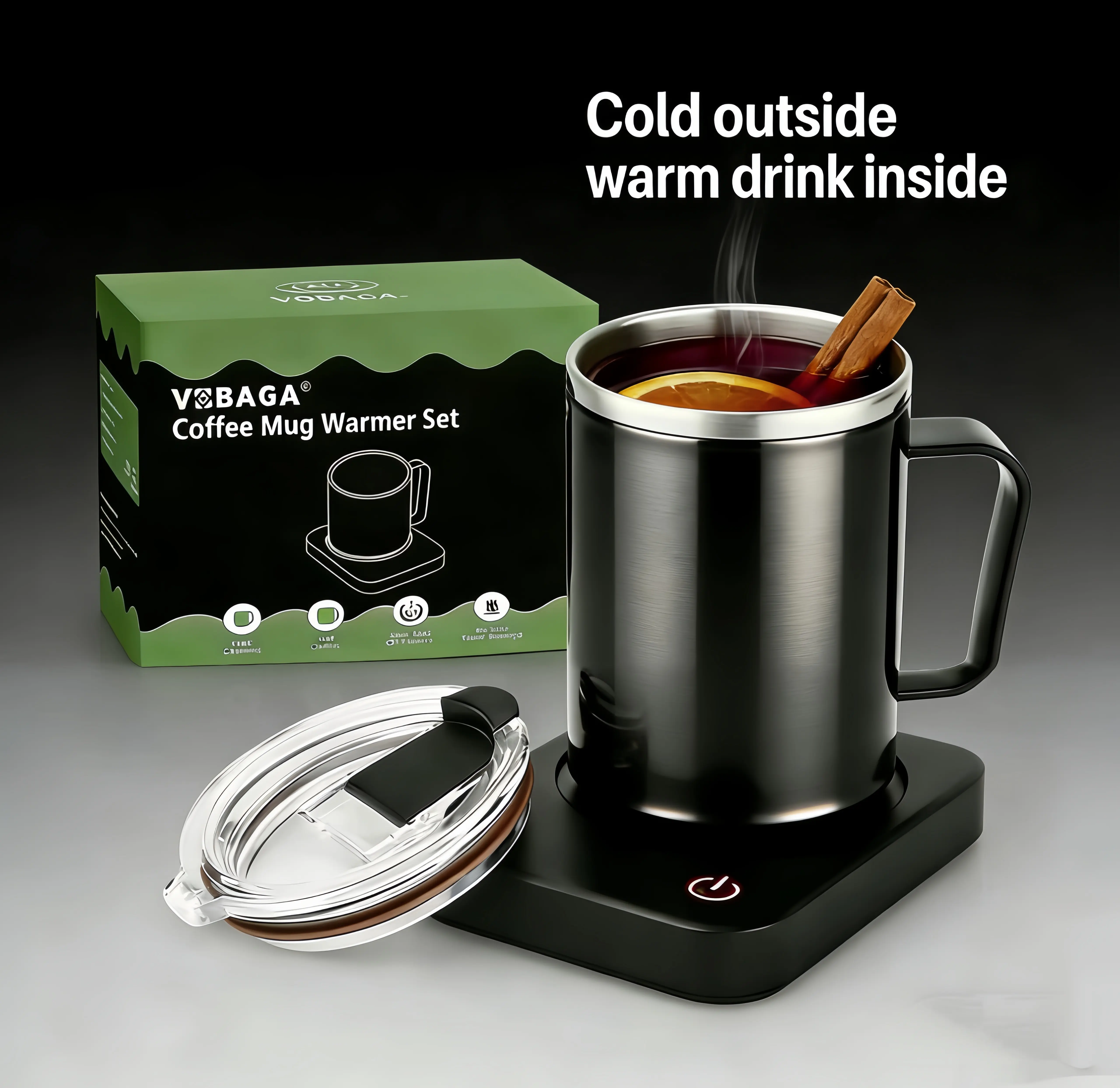 VOBAGA Coffee Mug Warmer Set with 15oz Stainless Steel Mug 3 Temperature Settings 4-Hour Auto Shut-Off Smart Safety Protection Portable Gift-Ready for Coffee Tea Milk Candle Warmer,VOBAGA Heated Coaster & Mug Set – Keep Your Drinks Warm Anytime
