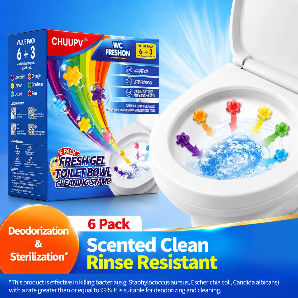 【TikTokShopSummerSale】，Floral Toilet Gel Cleaner Set, 6 Toilet Gels + 3 Applicators, Up to 108 Flushes, Long-Lasting Bathroom Deodorizer & Toilet Freshener