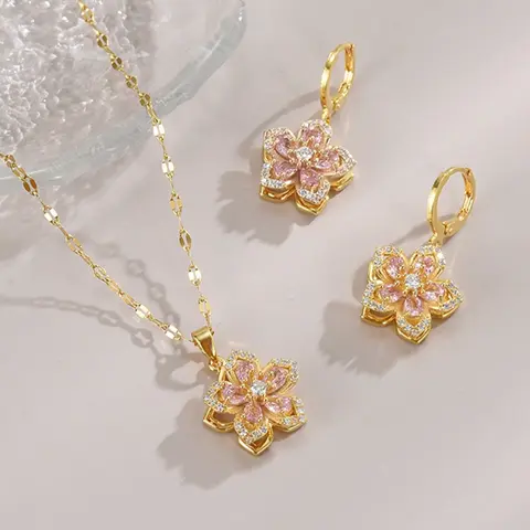 Women's Jewelry Set, Stainless Steel Necklace & Earrings, Flower Design, Elegant Accessories for Women Daily Wear